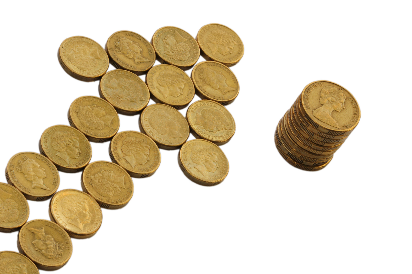 Gold coin arrow and pile on white © aussiesnakes - Fotolia.com