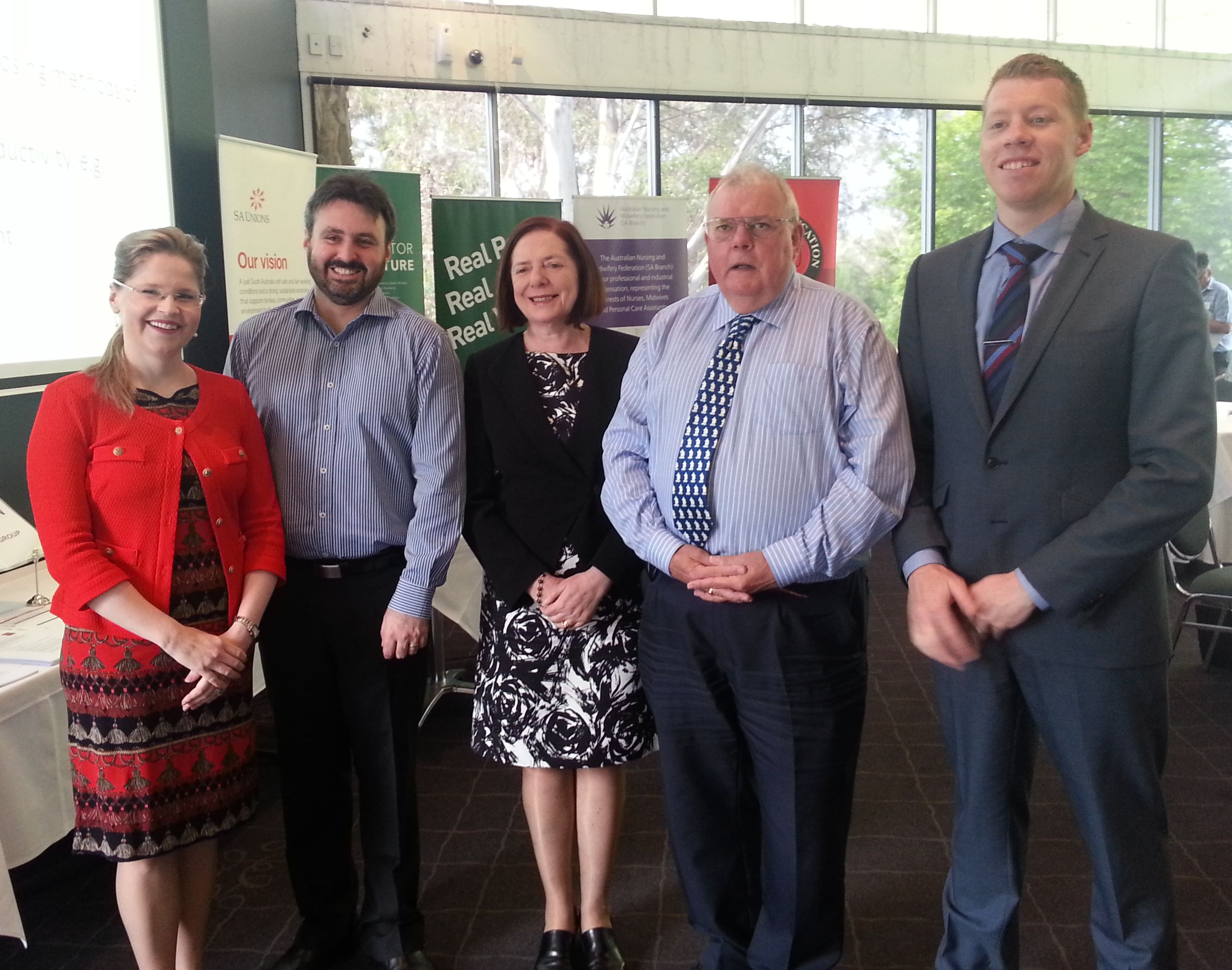 Elizabeth Dabars, Secretary ANMF; Chris Stone; Lindsay Oxlad President PSA; Jan McMahon and Joe Szakacs, Secretary SA Unions