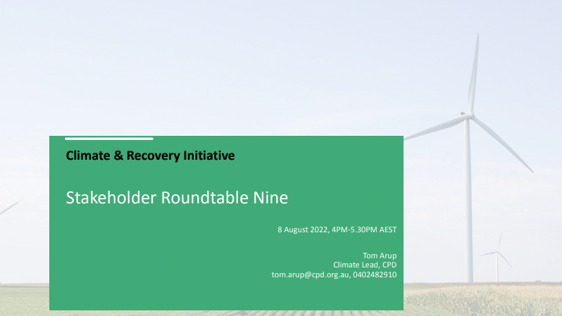 A slide shows a windfarm and reads 'climate & recovery initiative'